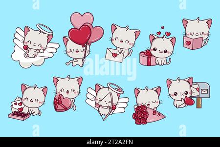 Set di illustrazioni Cartoon Kawaii Cat in Love. Collezione di cute Vector Isolated Baby Animal . Illustrazione Vettoriale