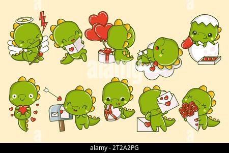 Set di illustrazioni di Cartoon Kawaii Dino in Love. Collezione di Baby Dino isolata dal vettore carino. Illustrazione Vettoriale