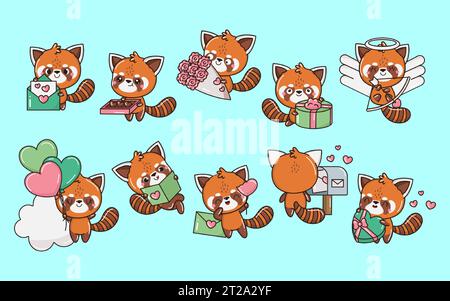 Set di illustrazioni Cartoon Kawaii Red Panda in Love. Collezione di Vector Isolated Baby Red Panda Illustrazione Vettoriale