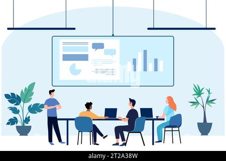 Moderna illustrazione vettoriale piatta della collaborazione tra persone in ufficio. Centro di co-working. Presentazione di una riunione d'affari. Persone che parlano e lavorano. T Illustrazione Vettoriale