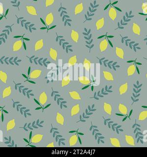 Motivo vettoriale senza cuciture con limoni e foglie su sfondo grigio-verde. Modello di frutta succosa. Illustrazione vettoriale Illustrazione Vettoriale
