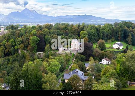 Salisburgo vista del castello di FreySchloessl e della Rotern Turm Foto Stock