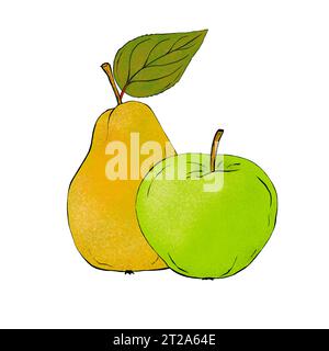 Frutta fresca. Pera gialla e mela verde. Illustrazione disegnata a mano. Foto Stock