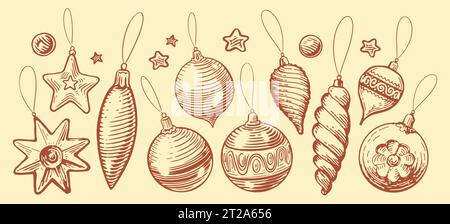 Set di palline di Natale disegnate a mano e bauble. Decorazioni natalizie. Disegna e disegna l'illustrazione vettoriale Illustrazione Vettoriale