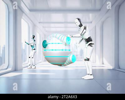 Rendering 3D di un robot maschio e femmina che vive in un appartamento in futuro. Controllo del loro gadget robotico. Concetto futuristico. Foto Stock