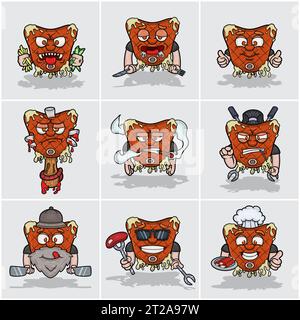 Set di cartoni animati con bistecca di manzo. Vettori e illustrazioni. Illustrazione Vettoriale