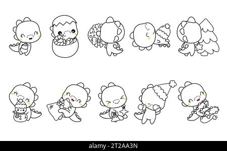 Set di pagina colorata Vector Christmas Dino. Collezione di Kawaii Outline isolata del dinosauro di Capodanno Illustrazione Vettoriale