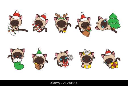 Set di Kawaii Christmas Siamese Cat Vector. Collezione di illustrazioni Vector Xmas Cat per adesivi Illustrazione Vettoriale