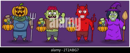 Monster Pumpkin, Zombie, Red Devil e Witch. Halloween Set Mascot. Vettori e illustrazioni. Illustrazione Vettoriale