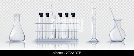 Matracci di misurazione chimica in vetro da laboratorio e provette per analisi in set di illustrazioni vettoriali realistiche. Vetreria vuota da laboratorio trasparente, contenitori e pipett Illustrazione Vettoriale