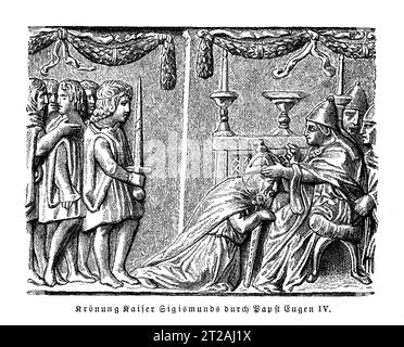 Incoronazione di Sigismondo re d'Ungheria e Germania come Sacro Romano Imperatore a Roma da parte di papa Eugenio IV nell'anno 1433 Foto Stock