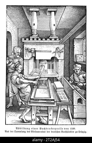 XVI secolo - laboratorio di libri stampati con pressa in legno, anno 1520, Lipsia Foto Stock