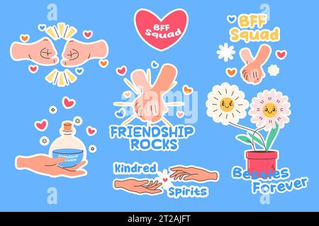 Serie di adesivi su amici e amicizia. mano che tiene la mano, pugni adesivi, clipart. Raccolta di lettere disegnate a mano illustrazione vettoriale Illustrazione Vettoriale
