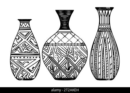 Set di antichi schizzi di inchiostro disegnati a mano per vasi. Illustrazione vettoriale incisa. Illustrazione Vettoriale