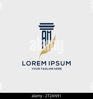 Logo iniziale del monogramma AM con design a colonna e piume, ispirazione per il logo dello studio legale Illustrazione Vettoriale
