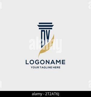 Logo iniziale monogramma DV con design a colonna e piume, ispirazione per logo dello studio legale Illustrazione Vettoriale
