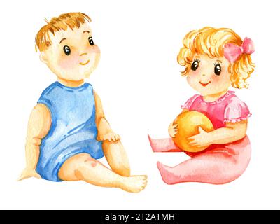 acquerello simpatica bambina seduta con palla gialla le mani e bambino che indossa abiti rosa e blu, illustrazione disegnata a mano del neonato, s Foto Stock