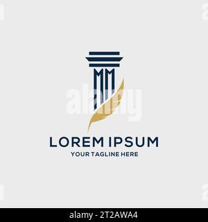 Logo iniziale monogramma MM con design a colonna e piume, ispirazione logo studio legale Illustrazione Vettoriale