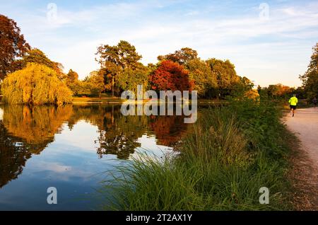 PARIGI, FRANCIA - 14 OTTOBRE 2018: Gente che fa jogging vicino al lago Daumesnil a Parigi, sotto la luce dorata del tramonto. Gli alberi autunnali riflettono nell'acqua. Foto Stock