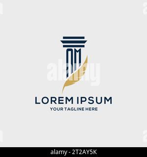 Logo iniziale del monogramma NM con design a colonna e piume, ispirazione per il logo dello studio legale Illustrazione Vettoriale