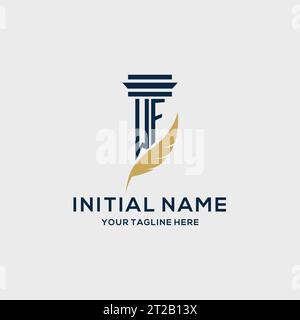 Logo iniziale del monogramma WF con design a colonna e piume, ispirazione per il logo dello studio legale Illustrazione Vettoriale