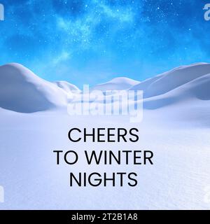 Saluti al testo delle notti invernali sul paesaggio invernale natalizio e sul cielo blu stellato Foto Stock