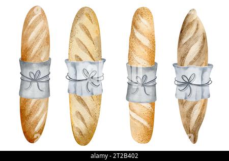 La baguette è una pasticceria tradizionale. Illustrazione ad acquerello del pane su uno sfondo isolato. Cibo fresco per design e icone. Foto Stock