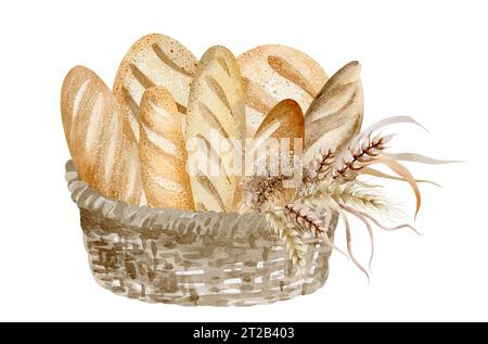 Pane integrale fatto in casa in un cestino di vimini. Illustrazione ad acquerello disegnata a mano del cibo su sfondo bianco. Prodotti da forno e design del menu. Foto Stock