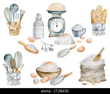 Utensili da cucina. Ingredienti fatti in casa per cucinare. Illustrazione ad acquerello di prodotti su sfondo isolato. Foto Stock