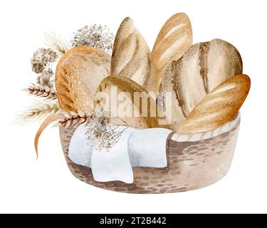 Pane integrale fatto in casa in un cestino di vimini. Illustrazione ad acquerello disegnata a mano del cibo su sfondo bianco. Prodotti da forno e design del menu. Foto Stock