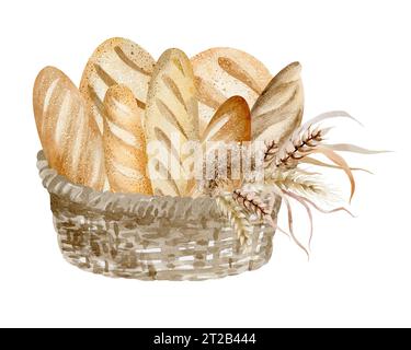 Pane integrale fatto in casa in un cestino di vimini. Illustrazione ad acquerello disegnata a mano del cibo su sfondo bianco. Prodotti da forno e design del menu. Foto Stock