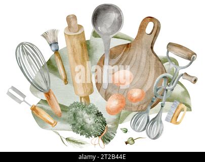 Gli utensili da cucina sono oggetti individuali su uno sfondo isolato. Illustrazione ad acquerello della cottura. impostare con elementi separati degli strumenti Foto Stock