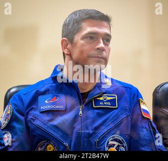 Conferenza stampa Expedition 70. I cosmonauti della spedizione 70 Nikolai Chub sono visti in quarantena dietro il vetro durante una conferenza stampa, giovedì 14 settembre 2023 al Cosmonaut Hotel di Baikonur, Kazakistan. Expedition 70 l'astronauta della NASA Loral o'Hara, i cosmonauti Roscosmos Oleg Kononenko e Nikolai Chub sono programmati per il lancio a bordo della loro navicella Soyuz MS-24 il 15 settembre. Foto Stock