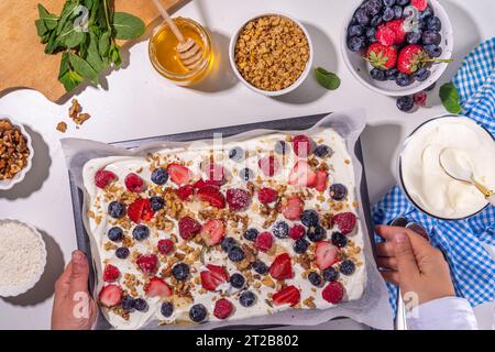 Preparazione della cottura con sfondo di corteccia di yogurt congelato con yogurt greco, bacche fresche, muesli, miele, salsa al cioccolato, con vassoio da forno deco. Vista dall'alto della donna Foto Stock