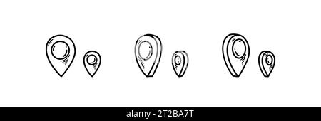 Set di icone per spille di posizionamento dei doodle in dimensioni diverse. Tracciatore di posizione gps disegnato a mano. Puntatore di navigazione traslazione. Segnaletica stradale svolta Illustrazione Vettoriale