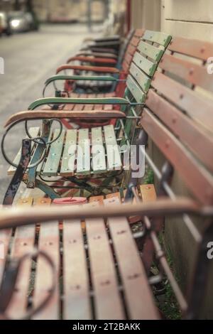 Una vivace fila di panchine verdi disposte in una linea ordinata, adagiate tra prati e alberi lussureggianti, forniscono una tranquilla area salotto all'aperto per i visitatori Foto Stock