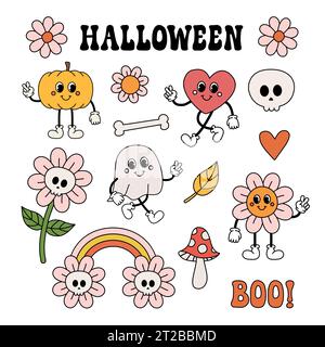 Set vettoriale di personaggi ed elementi rétro dei cartoni animati di halloween isolati su sfondo bianco Illustrazione Vettoriale