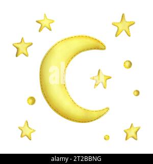 Mezzaluna gialla con stelle in tessuto con cuciture a filo. Illustrazione acquerello, disegnata a mano. Insieme di elementi isolati su sfondo bianco. Foto Stock