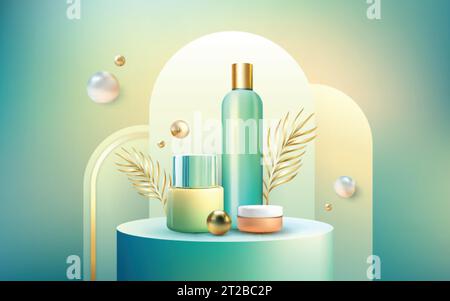 Bottiglie per cosmetici realistiche sul podio. Prodotti di bellezza su piattaforma. Tubi cosmetici per la cura della pelle o del corpo su tavola rotonda. Piattaforma per showroom con perle dorate e bianche. Mockup di confezioni di plastica vuote. Illustrazione Vettoriale