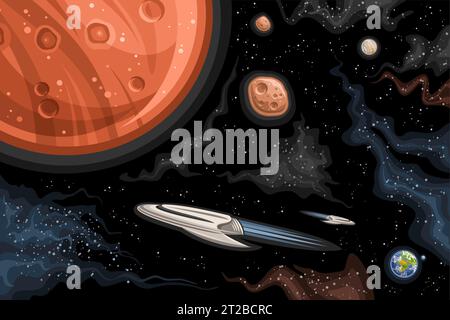 Vector Space Chart, poster astronomico orizzontale con illustrazione di Phobos e Deimos in orbita su Marte rosso, veicolo di ricerca fantascientifica in profondità spa Illustrazione Vettoriale