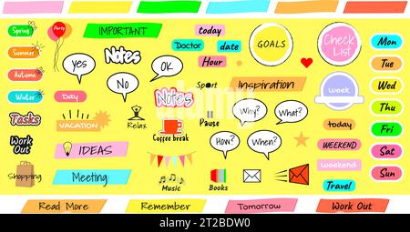 Set di simboli adesivi per pianificatori settimanali o giornalieri e diari. Illustrazione vettoriale piatta Illustrazione Vettoriale