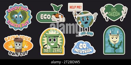 Adesivi piatti per salvare il pianeta in stile trendy. Simpatici personaggi vettoriali con volti carini. Badge o etichette ecologici su sfondo nero. Ambiente mondiale, concetto netto a zero emissioni. Illustrazione Vettoriale