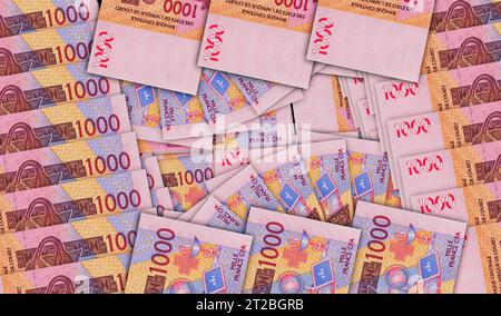 CFA dell'Africa occidentale Franco monetario Niger Mali Senegal banconote africane in un modello a mosaico per fan di contanti banconote XOF. Concetto astratto di banca, finanza, economia de Foto Stock