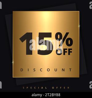 15 sconto sul banner dello sconto. Offerta speciale sconto del 15%. Offerta scontata. Sconto del 15% sul banner promozionale di lusso in Golden Square e. Illustrazione Vettoriale