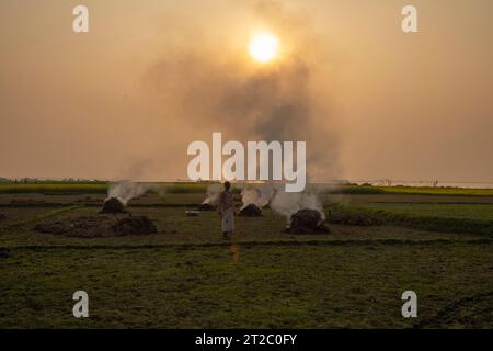 Incenerimento dei rifiuti agricoli - smog e inquinamento. Emissioni nocive derivanti dalla combustione di fieno e paglia nei campi agricoli. Chandpur, Bangladesh Foto Stock