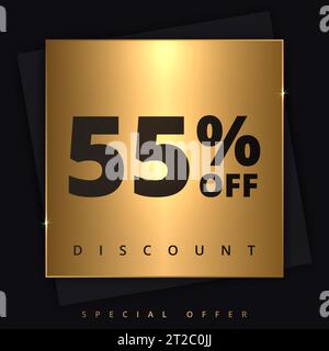 55 di sconto sul banner. Offerta speciale sconto del 55%. Offerta di sconto. Banner promozionale di lusso cinquanta cinque per cento di sconto in piazza d'oro Illustrazione Vettoriale