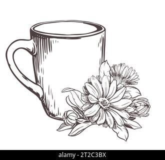 Tazza in ceramica bianca con tè alle erbe con fiori di calendula su sfondo bianco. Illustrazione vettoriale nella tecnica di incisione. Disegno a linee. Sano drin Illustrazione Vettoriale