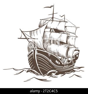 Spedisci schizzo. Una barca a vela naviga sulle onde con vele rialzate. Illustrazione vettoriale in stile incisione isolata su sfondo bianco. Nave nautica per Illustrazione Vettoriale