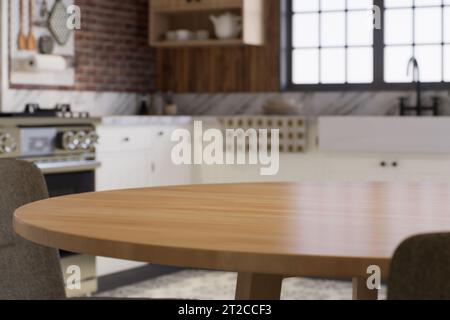 Cucina con un'enfasi sulla superficie del tavolo da cucina con uno sfondo sfocato - un luogo dove posizionare i prodotti. Foto Stock