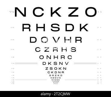 Grafico LogMAR grafico per test oculari illustrazione medica. Contorno stile di schizzo vettoriale di linea isolato su sfondo bianco. Pannello ottico ottico oftalmico per il controllo visivo degli occhiali da vista Illustrazione Vettoriale